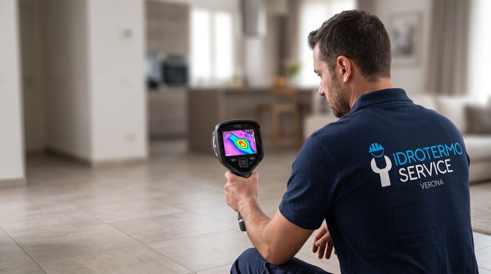Tecnico Idrotermo Service con termocamera per ricerca perdite